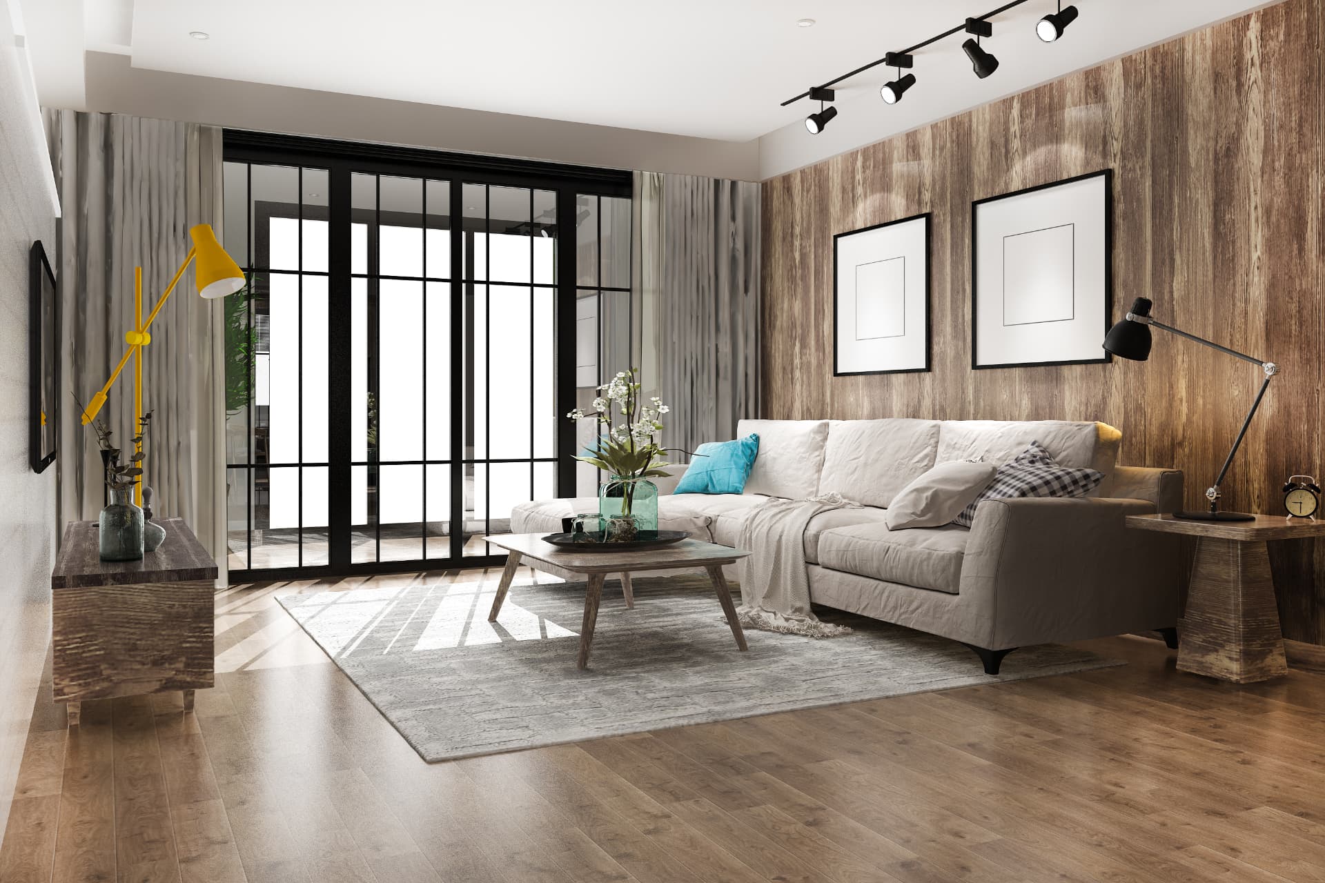 Modern living room with a light sofa, wood-panelled wall and bookshelves
